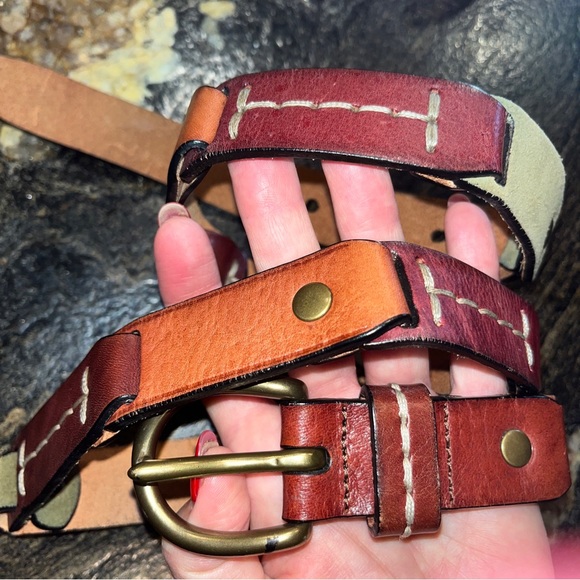 Fossil LEATHER straps Chain Link BROWN BELT 35-39” olive Tan Copper Buckle large - Picture 5 of 16